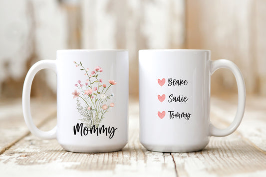 Mommy Mug with Children's Names - Wildflower Cottage Core