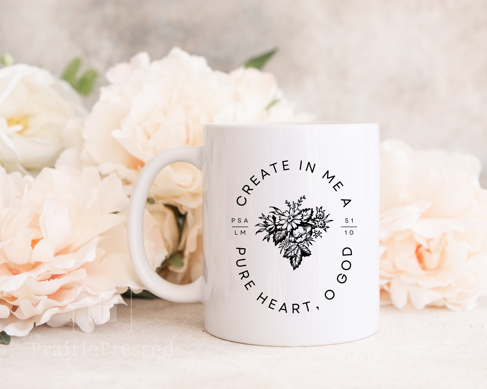 Create in Me a Pure Heart O God White  Ceramic Coffee Mug - Featuring a vintage floral Design