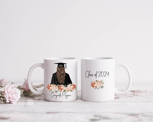 Custom Graduation Ceramic Mug showing back and Front of beautiful Floral Design, Customized with name, Hair Color and Year of Grad