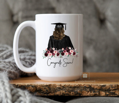 Custom Graduation Ceramic Mug with beautiful Floral Design, Customized with name, Hair Color and Year of Grad