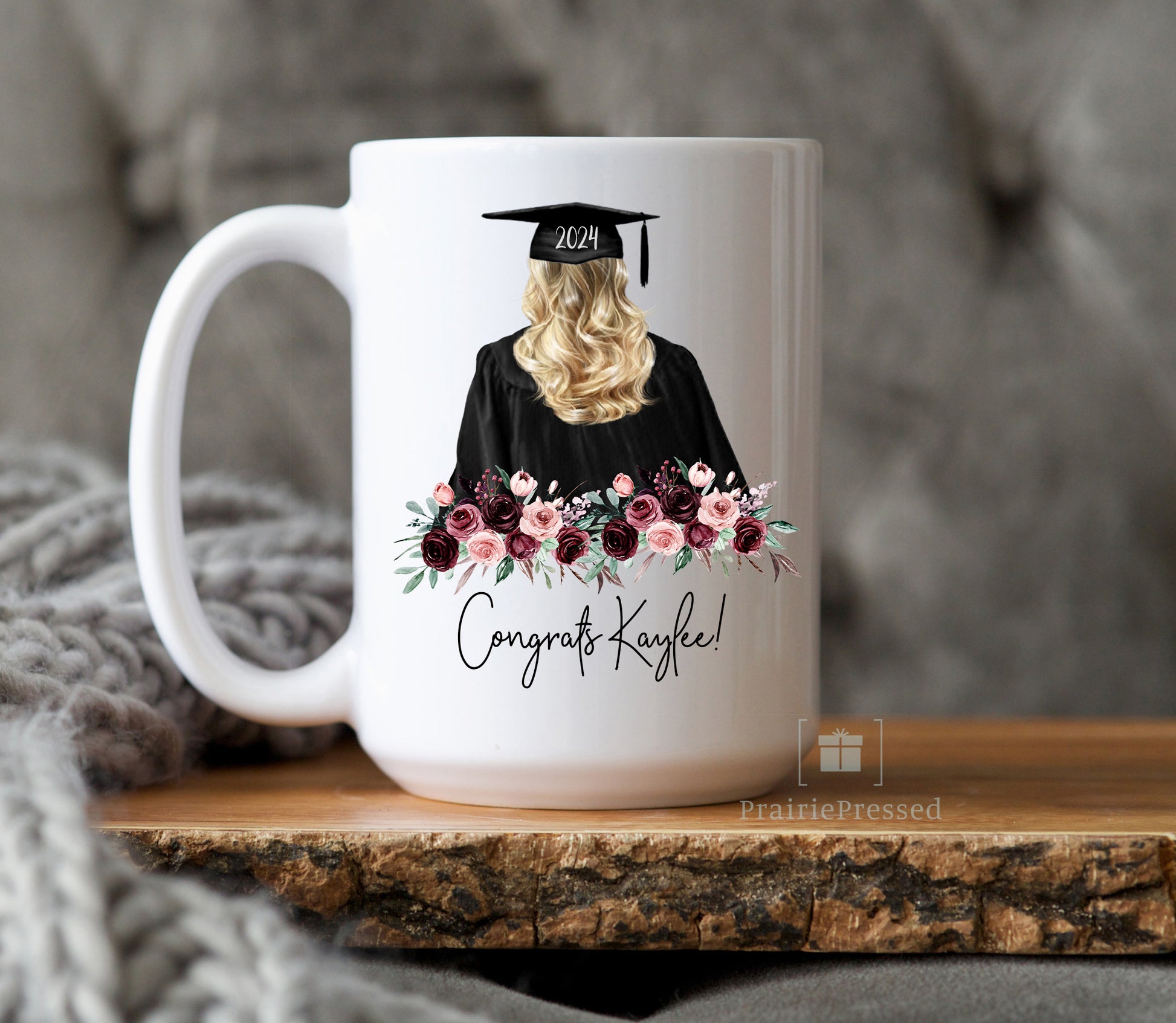 Custom Graduation Ceramic Mug with beautiful Floral Design, Customized with name, Hair Color and Year of Grad