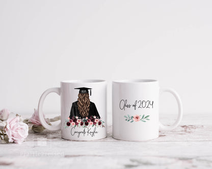 Custom Graduation Ceramic Mug with beautiful Floral Design, Customized with name, Hair Color and Year of Grad