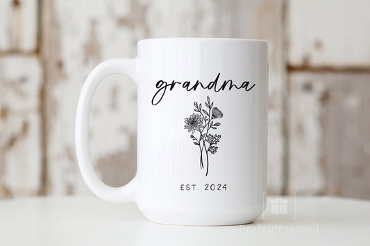 Grandma Est. 2024 Ceramic Mug with Wildflower Bouquet Design