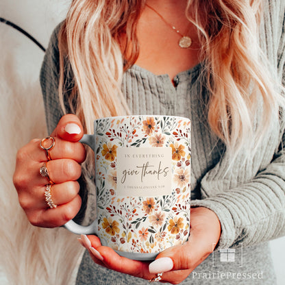 Give Thanks Fall Cottagecore Floral Ceramic Mug