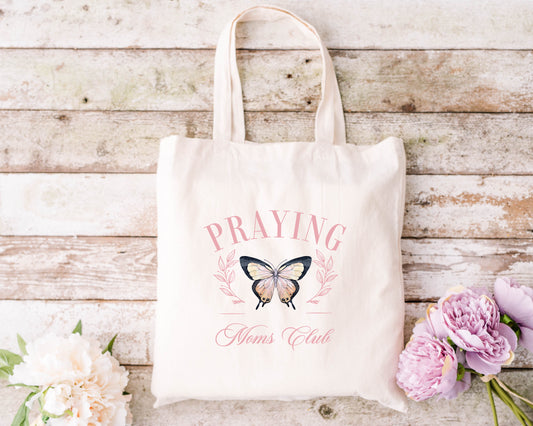 Praying Mom's Club Natural Tote Bag - Beautiful Butterfly Design