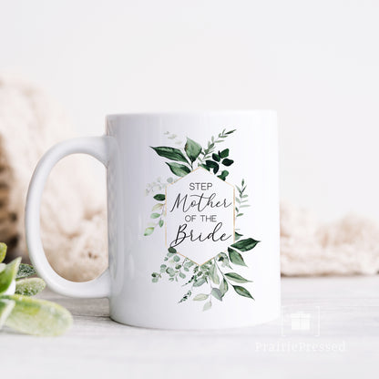 Step Mother of the Groom Ceramic Coffee Mug in classy sript font surronded by beautiful greenery