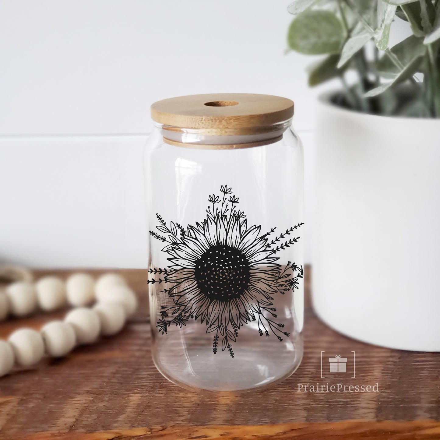 Sunflower Design 16oz. Glass Can