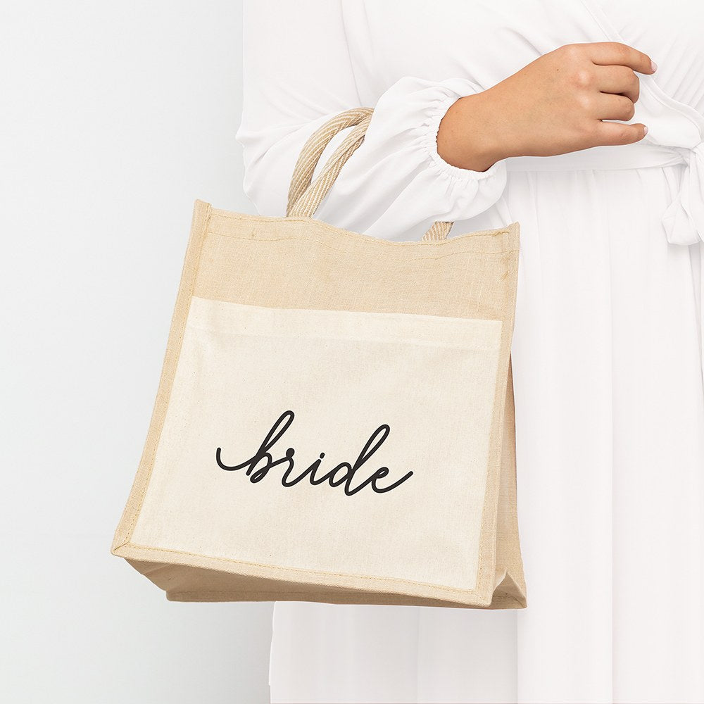 Medium Reusable Woven Jute Tote Bag With Pocket - Bride/Bridesmaid/Maid of Honour