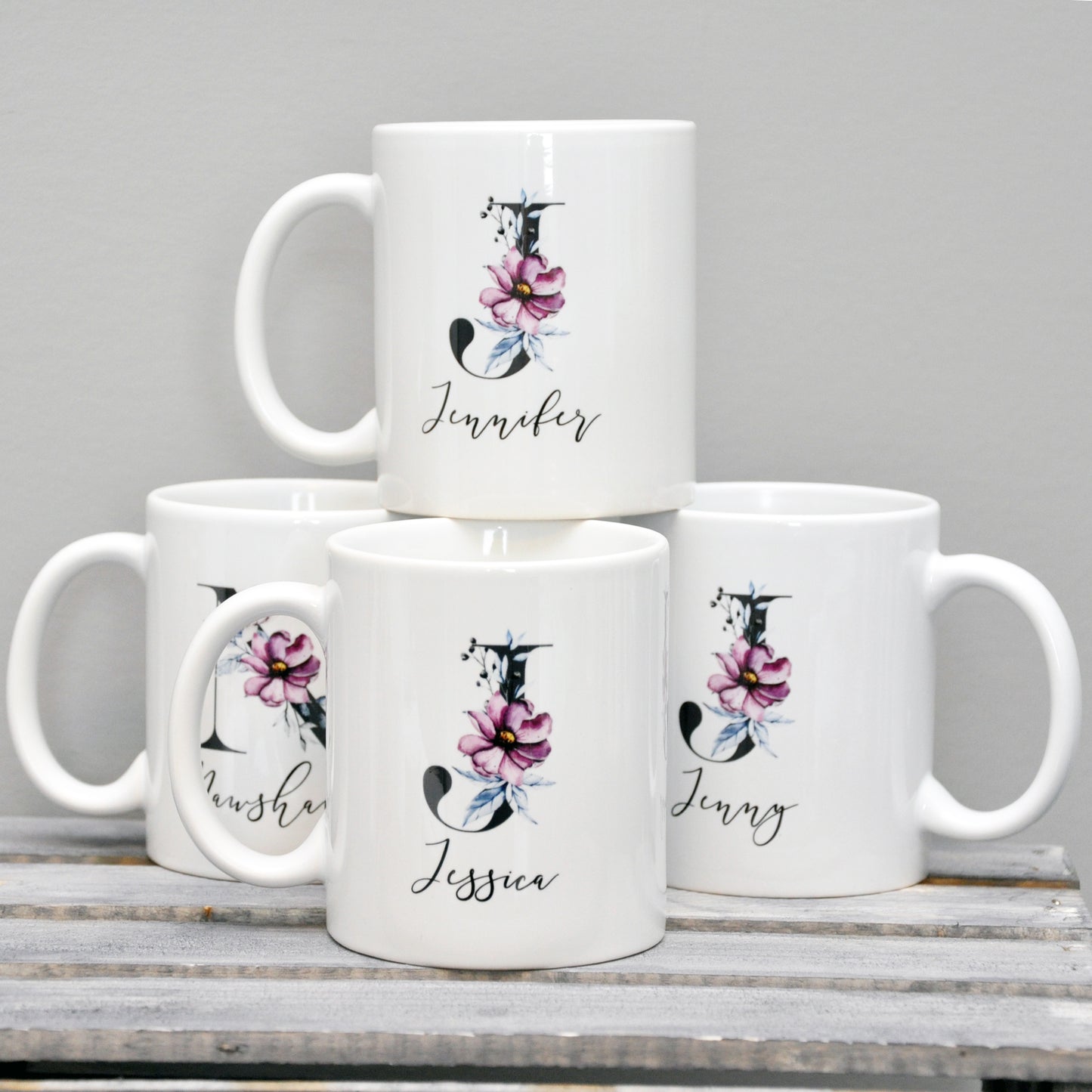 Bridesmaid Ceramic Mug - Monogram Pink and Blue Floral