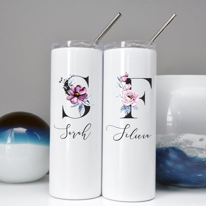 Bridesmaid/Maid of Honor Custom Tumbler - Blue and Pink Floral Monogram