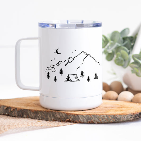 Travel Mug with Lid - Mountain Tent Scene