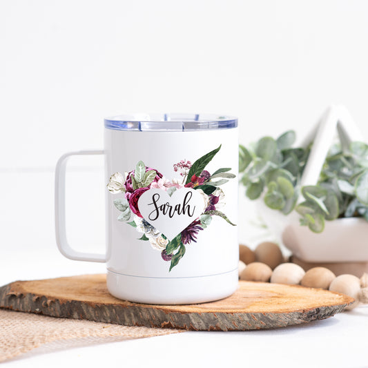 Heart Burgundy Floral Travel Mug