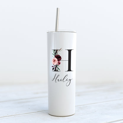 Bridesmaid/Maid of Honor Custom Tumbler - Burgundy and Blush Floral Monogram