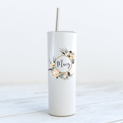 Custom Floral Tumbler - Grey Green Cream Frame