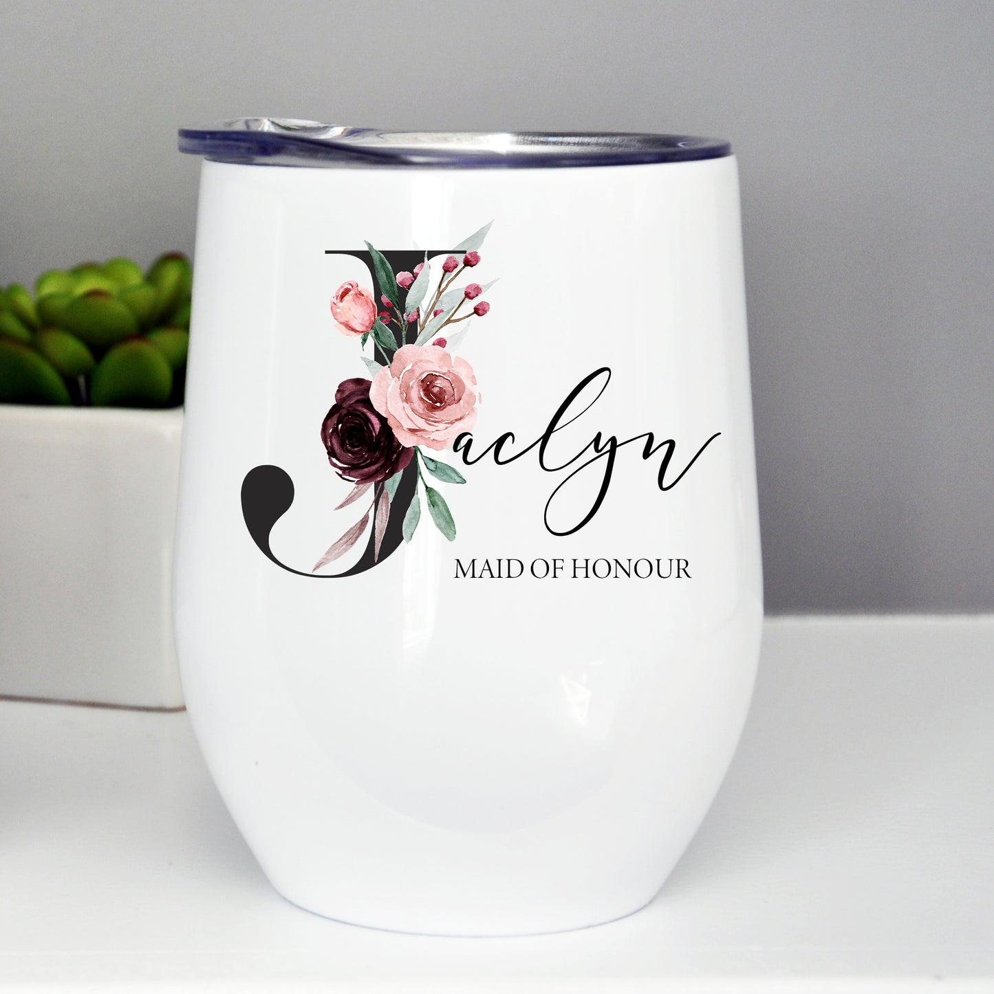 Custom Bridal Wine Tumbler - Rose Burgundy Floral Monogram