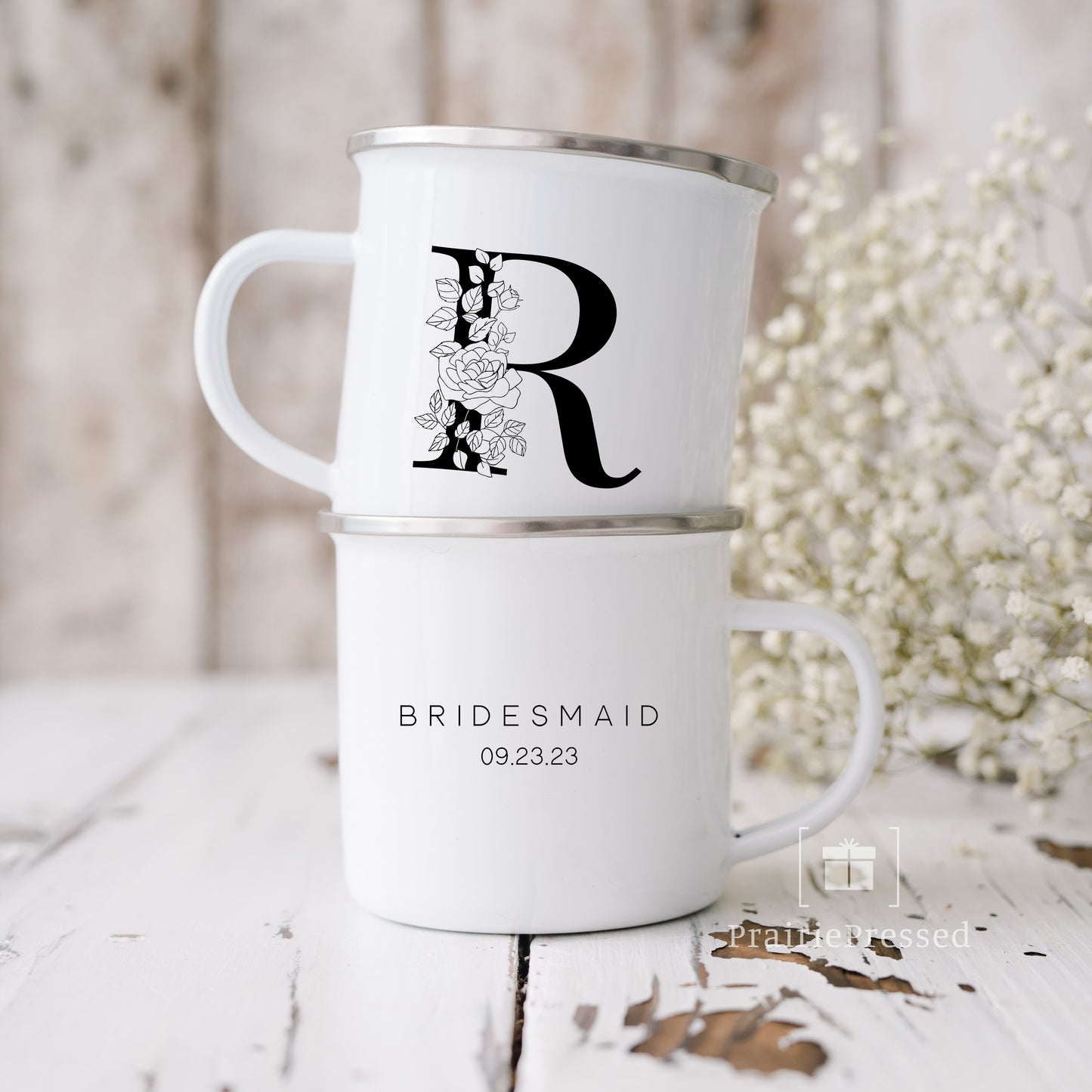 Black & White Bridesmaid Floral Monogram Enamel Mug