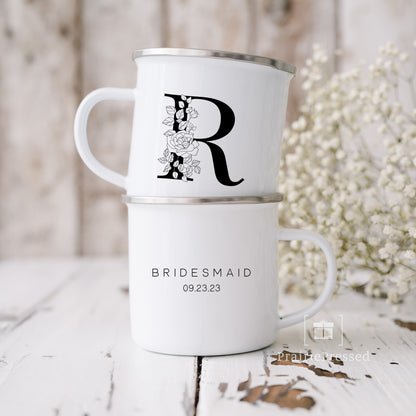 Black & White Bridesmaid Floral Monogram Enamel Mug